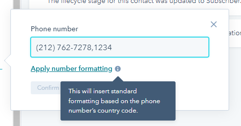 automatic phone number formatting HubSpot