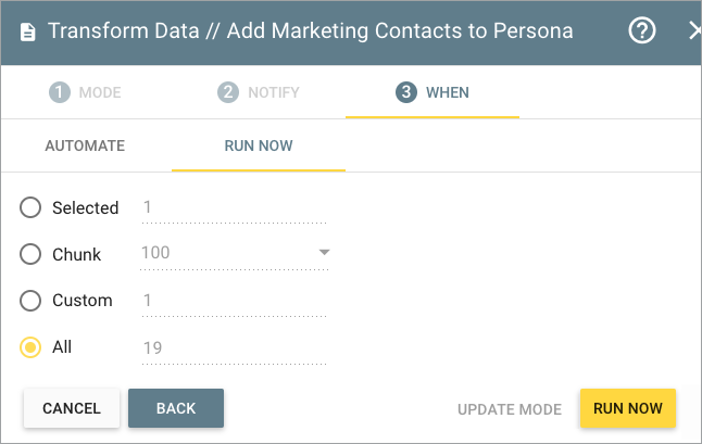 Apply to CRM, Run Now