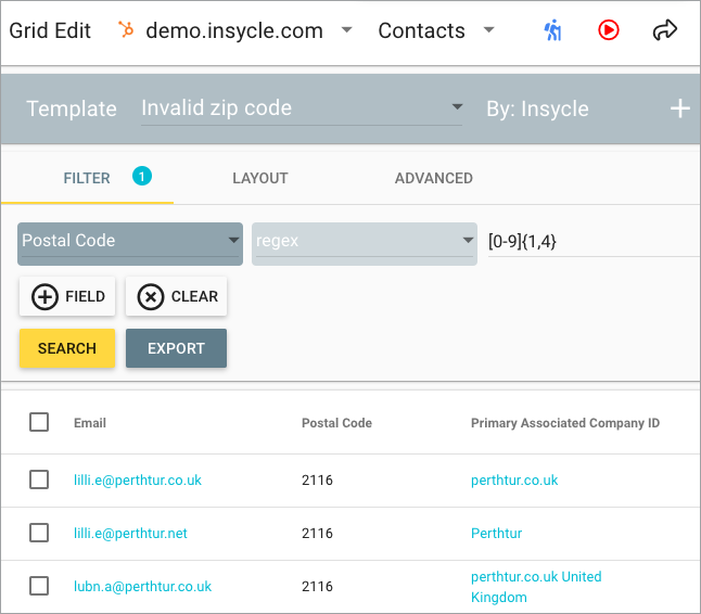 Grid Edit module with Invalid zip code template loaded
