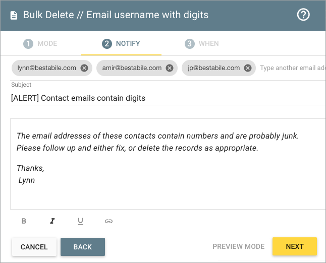 Bulk update Notify tab, set up email