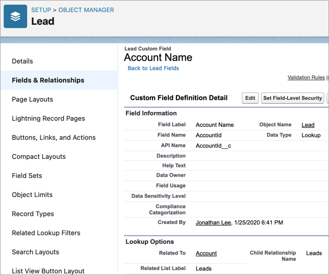 Account Name Custom Field properties