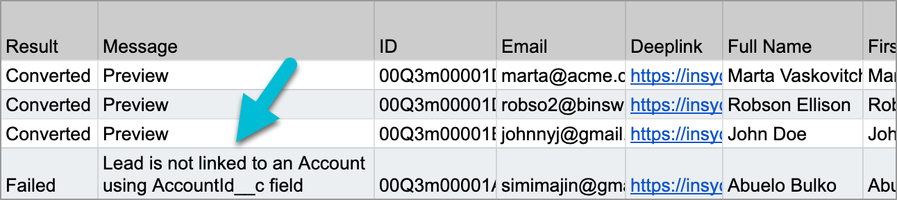 Result column of CSV showing error