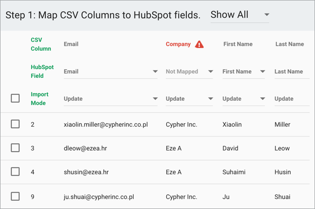 Map CSV columns to CRM fields