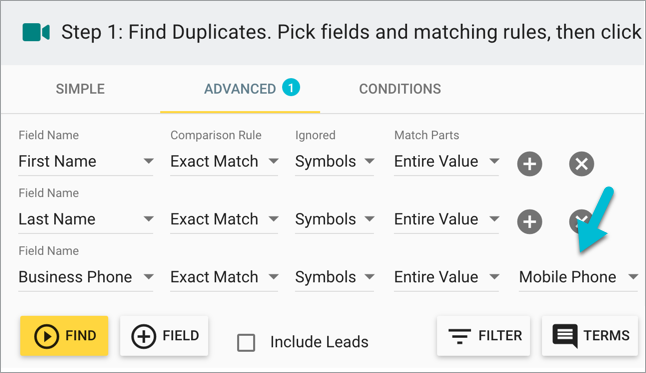 merge-duplicates-salesforce-contacts-first-last-name-phone-step-1-advanced-tab.png