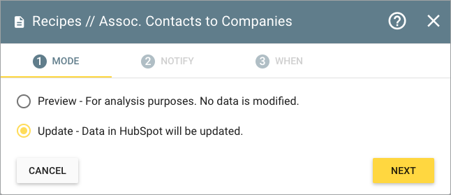 Set Recipe Update mode